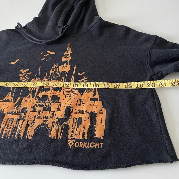Disney Goth Cropped Boxy Hooded Sweatshirt Black With Orange Castle Halloween S - Picture 6 of 8